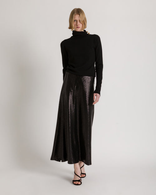 Rollkragenpullover aus Schurwolle, Seide und Kaschmir mit Blumenbrosche Schwarz Alberta Ferretti Boutique Online 1