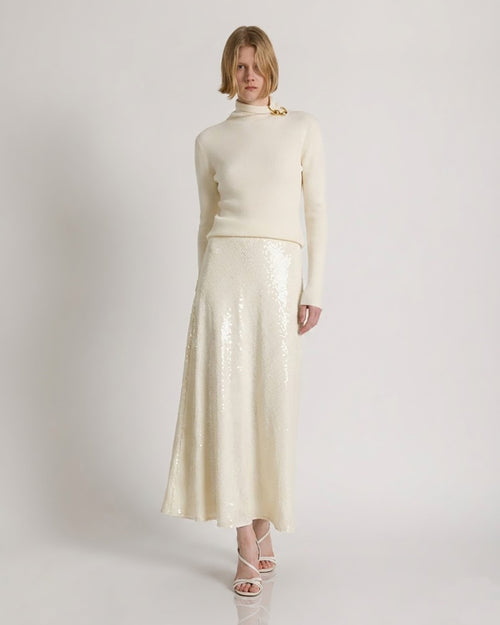 Rollkragenpullover aus Schurwolle, Seide und Kaschmir mit Blumenbrosche Weiß Alberta Ferretti Boutique Online 1