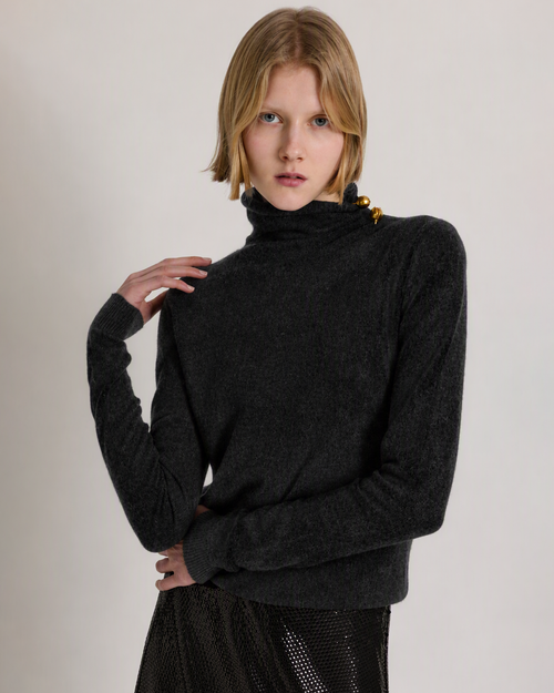 Jersey de cuello alto en lana, seda y cachemira con broche floral Gris Alberta Ferretti Boutique Online 1
