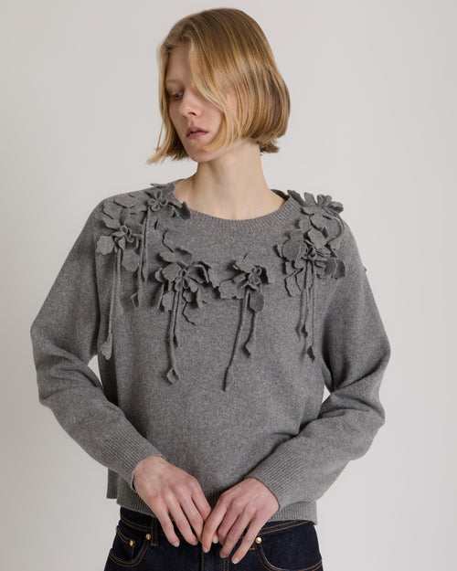 Wool sweater with raised embroidered flowers