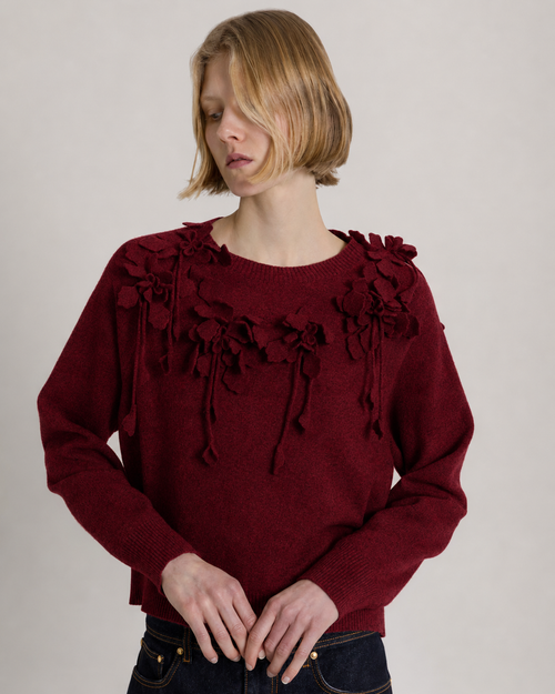 Wool sweater with raised embroidered flowers