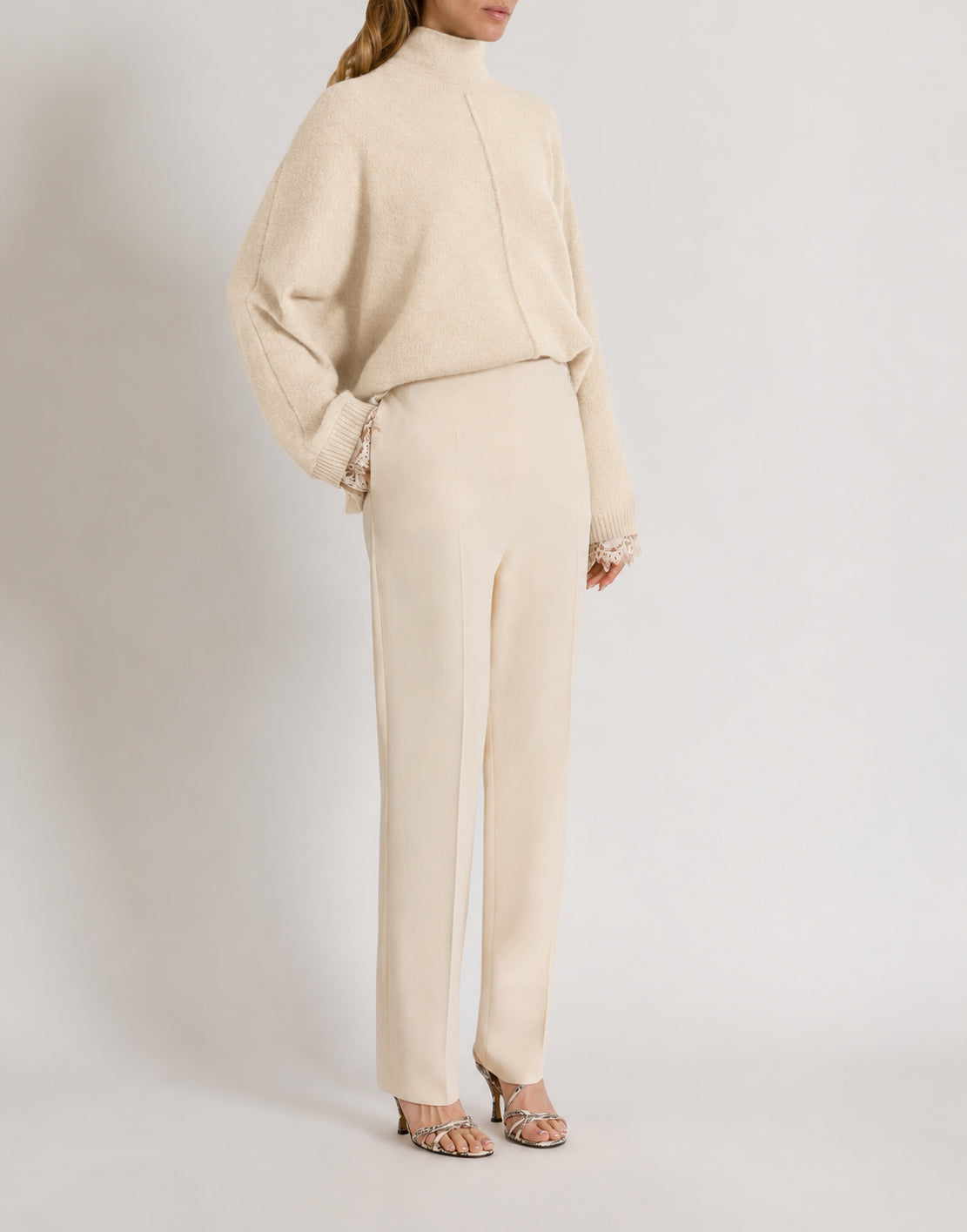 Cashmere sweater with contrasting lace cuffs Ivory Alberta Ferretti Boutique Online 2