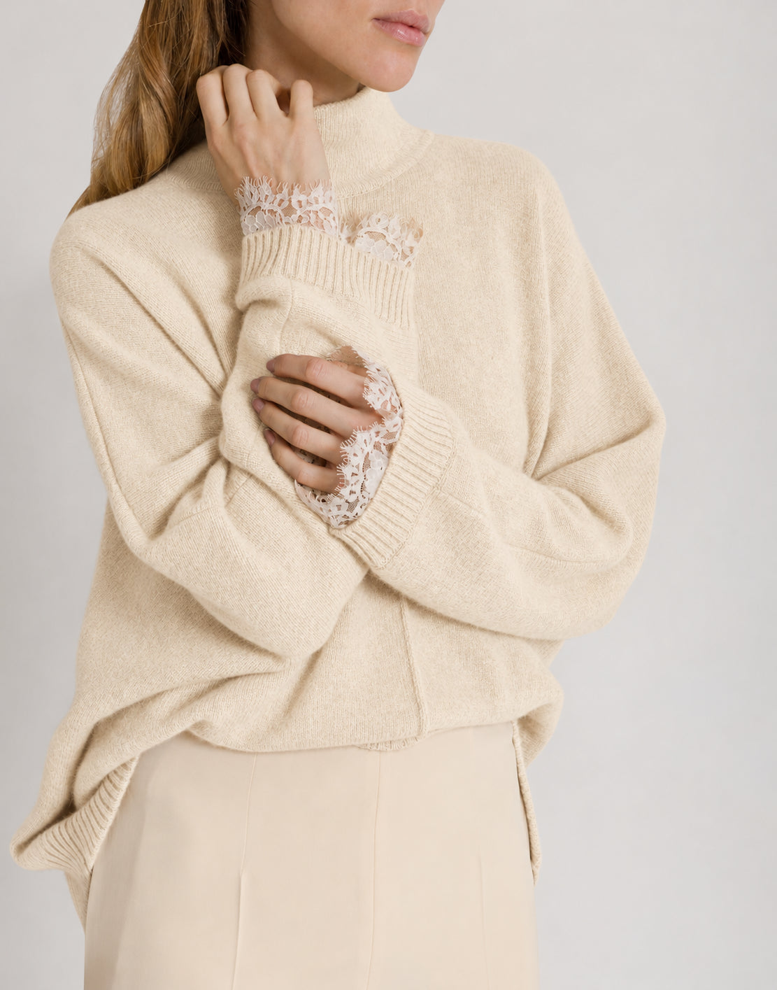 Cashmere sweater with contrasting lace cuffs Ivory Alberta Ferretti Boutique Online 4