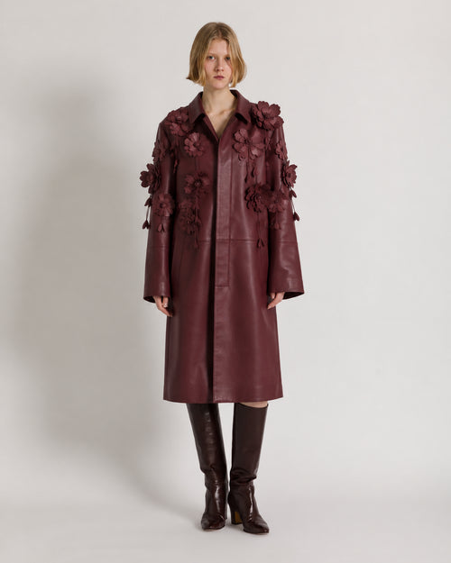 Cappotto in Pelle Bordeaux con Fiori  Bordeaux Alberta Ferretti Boutique Online 1