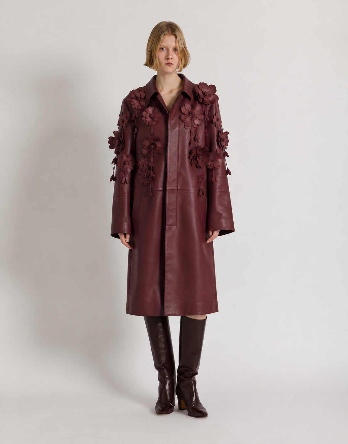 Bordeaux Leather Coat with Flowers Bordeaux Alberta Ferretti Boutique Online 2