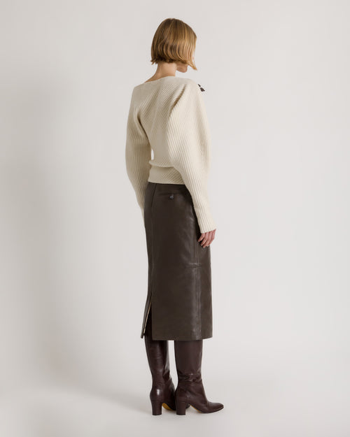 Straight leather midi skirt in mud grey