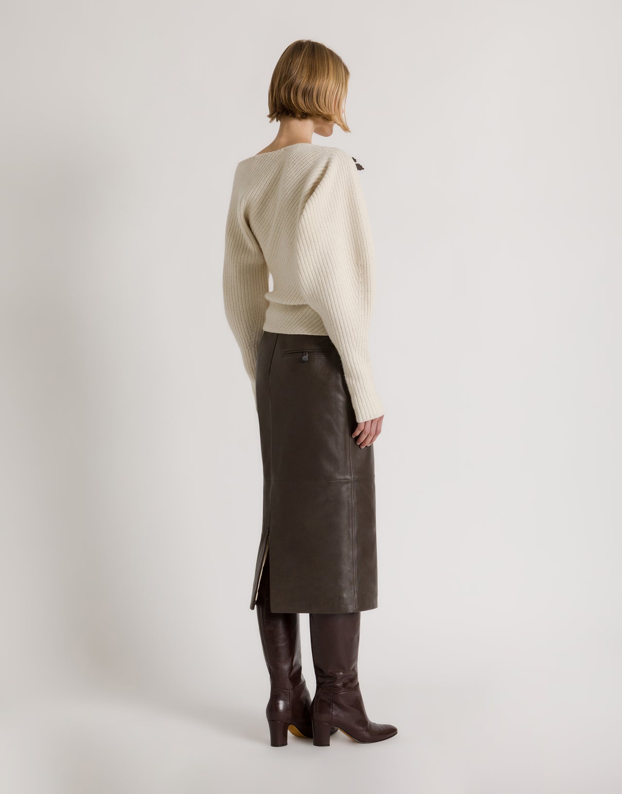 Straight leather midi skirt in mud grey Brown Alberta Ferretti Boutique Online 3