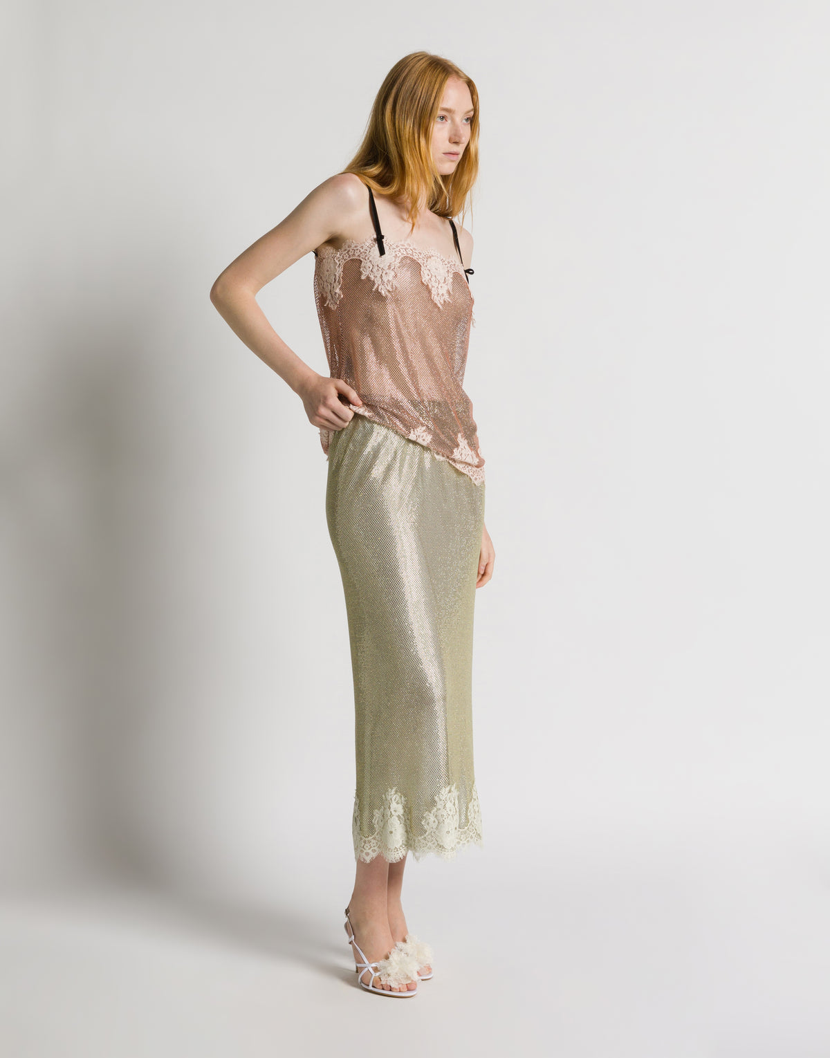Midi-Rock aus Strass-Netzgewebe mit Spitze Grün Alberta Ferretti Boutique Online 2