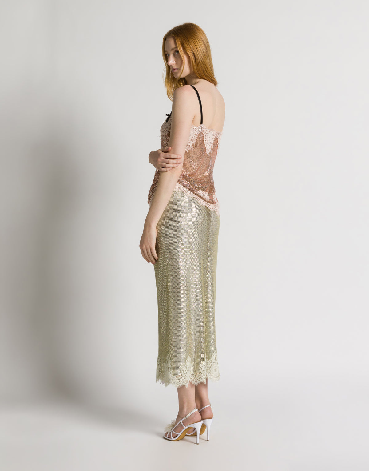 Midi-Rock aus Strass-Netzgewebe mit Spitze Grün Alberta Ferretti Boutique Online 3