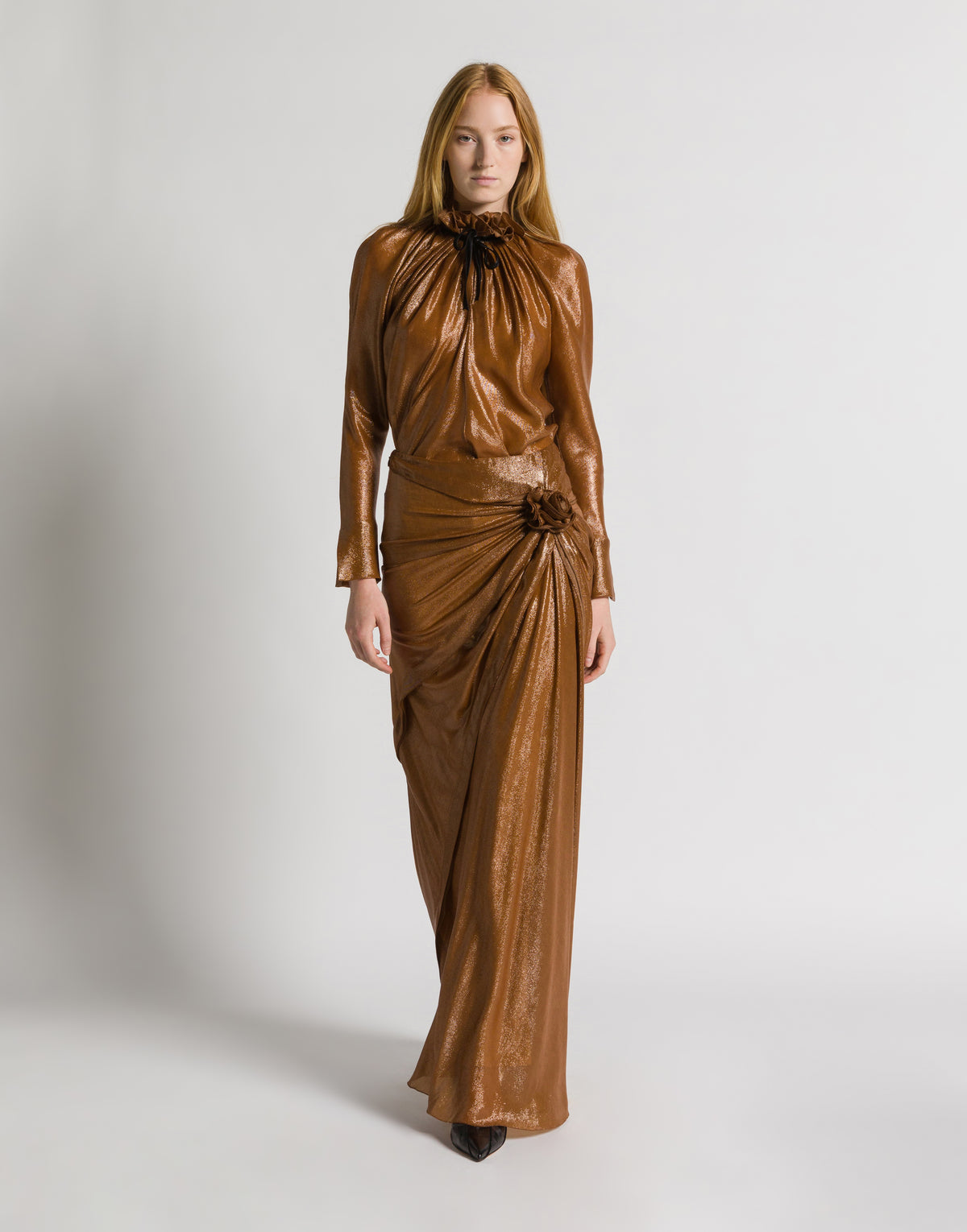 Gonna lunga drappeggiata in Lurex con rosa Bronzo Alberta Ferretti Boutique Online 2