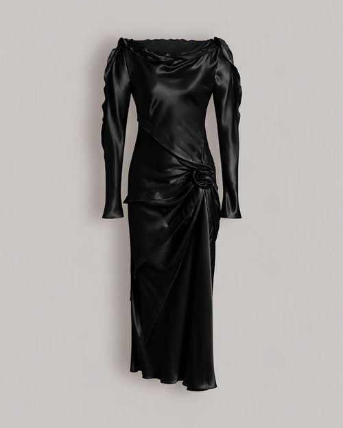 Langes Glanzsatin-Kleid mit Rose und Drapierungen Schwarz Alberta Ferretti Boutique Online 0