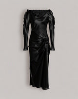 Langes Glanzsatin-Kleid mit Rose und Drapierungen