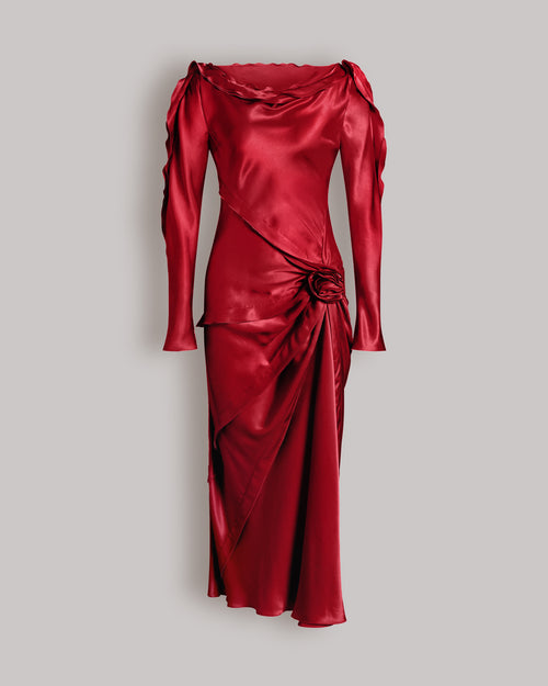 Langes Glanzsatin-Kleid mit Rose und Drapierungen Rot Alberta Ferretti Boutique Online 0