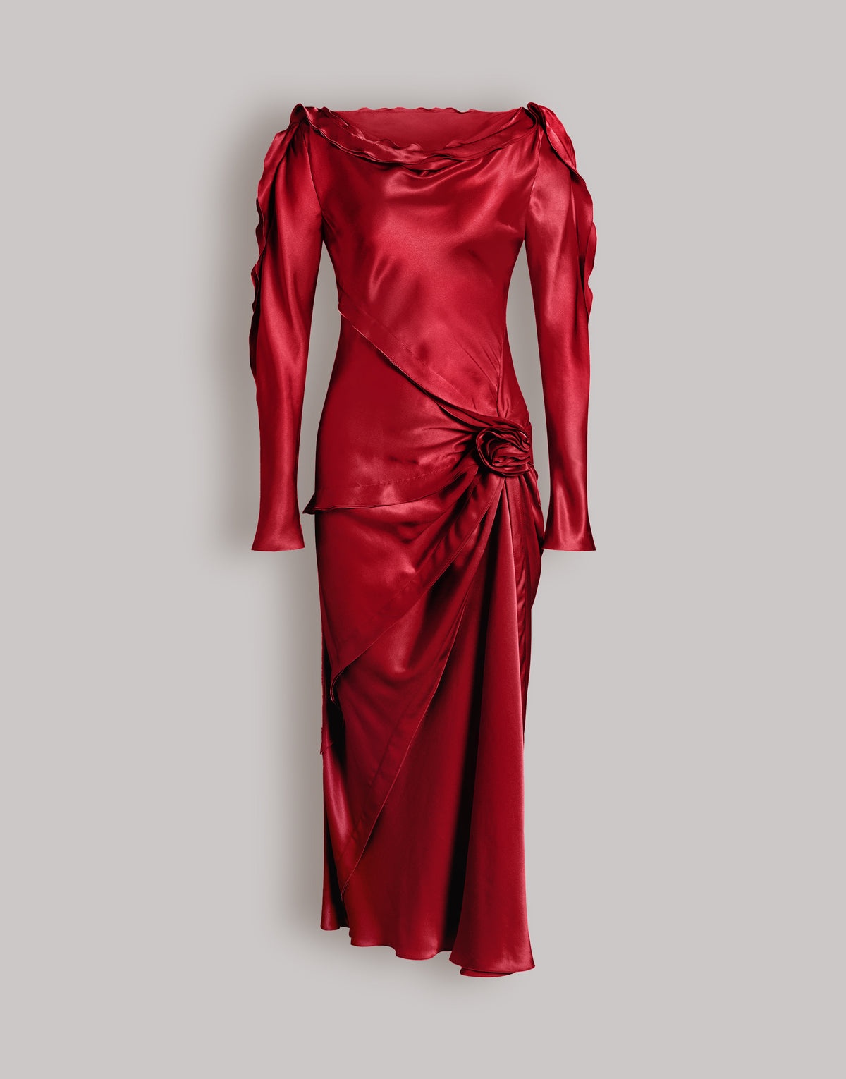 Robe longue en satin brillant avec rose et drapés Rouge Alberta Ferretti Boutique Online 1