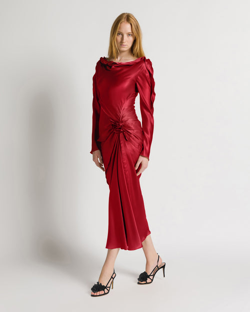 Langes Glanzsatin-Kleid mit Rose und Drapierungen Rot Alberta Ferretti Boutique Online 1