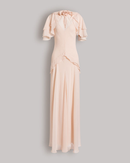 Silk Georgette Long Dress with Fabric Rose and Cape Sleeves