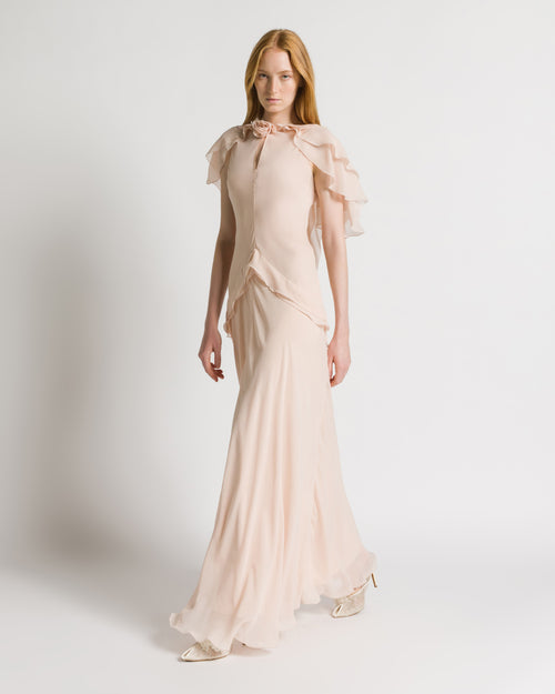 Silk Georgette Long Dress with Fabric Rose and Cape Sleeves 粉红色 Alberta Ferretti Boutique Online 0