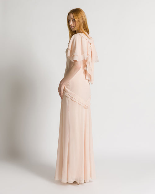 Silk Georgette Long Dress with Fabric Rose and Cape Sleeves 粉红色 Alberta Ferretti Boutique Online 1