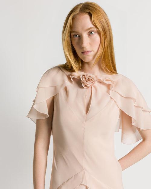 Silk Georgette Long Dress with Fabric Rose and Cape Sleeves