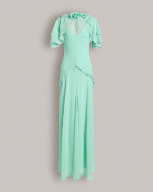Silk Georgette Long Dress with Fabric Rose and Cape Sleeves 蓝 Alberta Ferretti Boutique Online 0