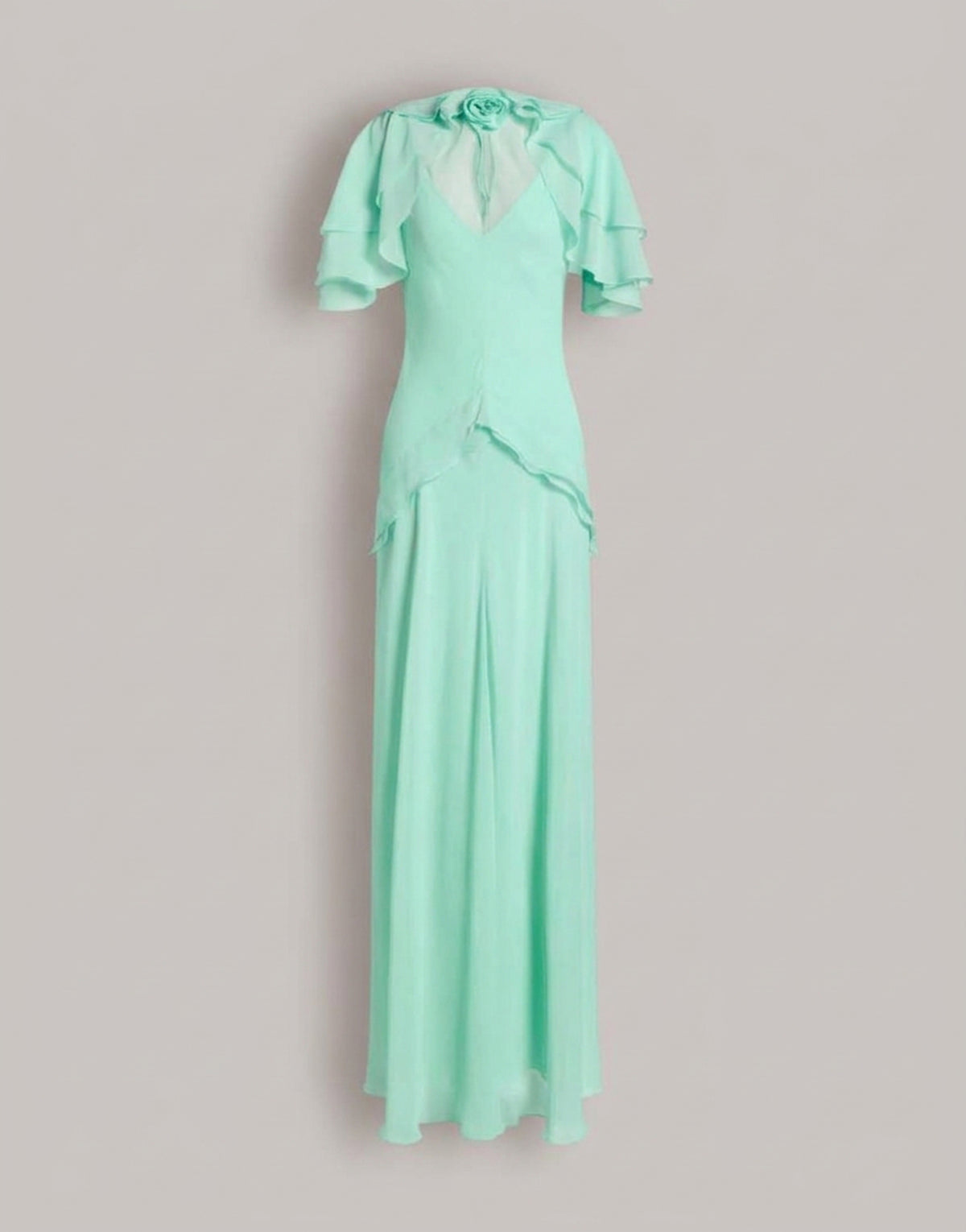 Vestido largo de georgette de seda con rosa aplicada y mangas capa Azul Alberta Ferretti Boutique Online 1