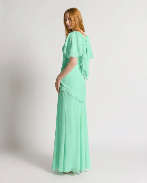 Silk Georgette Long Dress with Fabric Rose and Cape Sleeves
