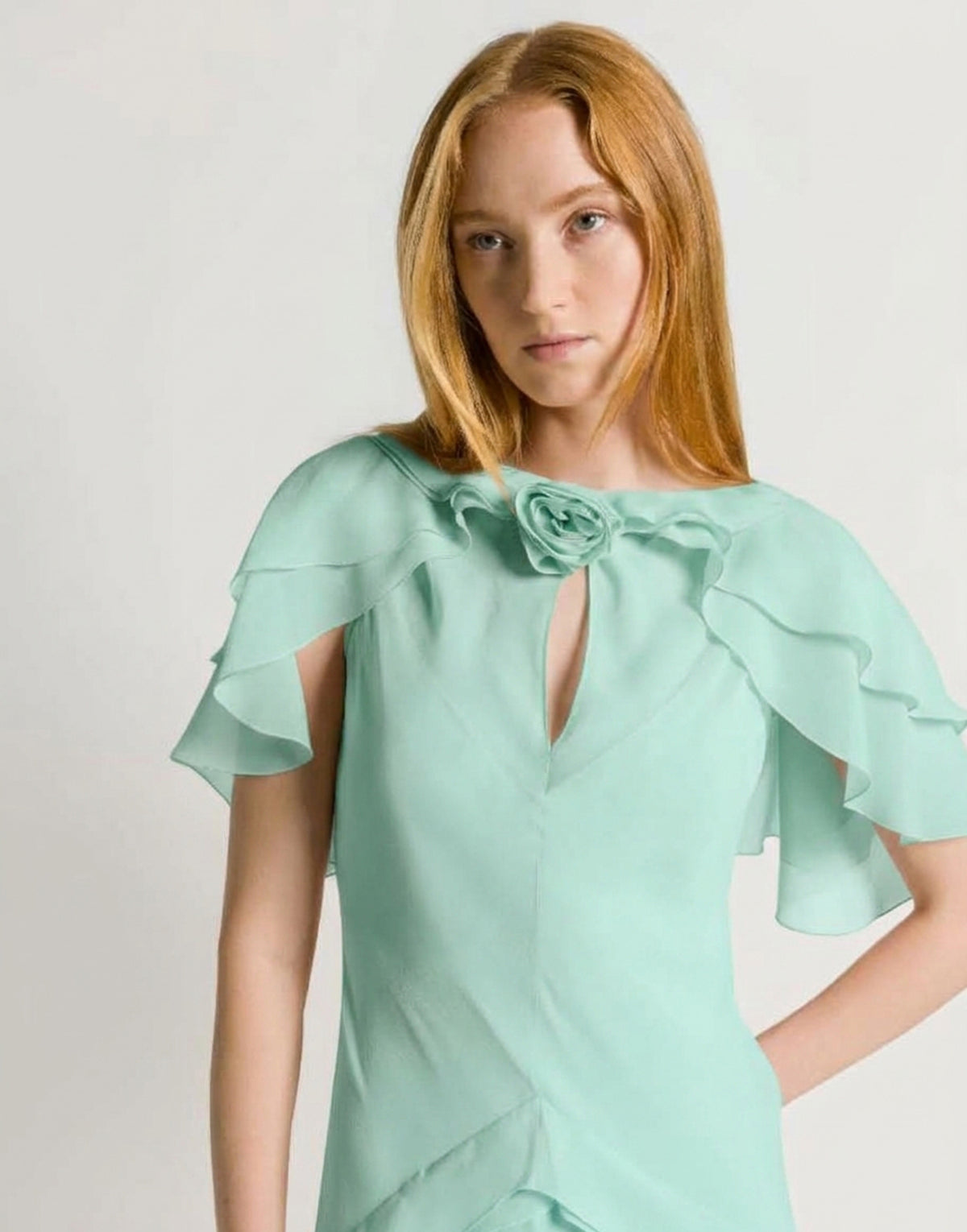 Vestido largo de georgette de seda con rosa aplicada y mangas capa Azul Alberta Ferretti Boutique Online 4