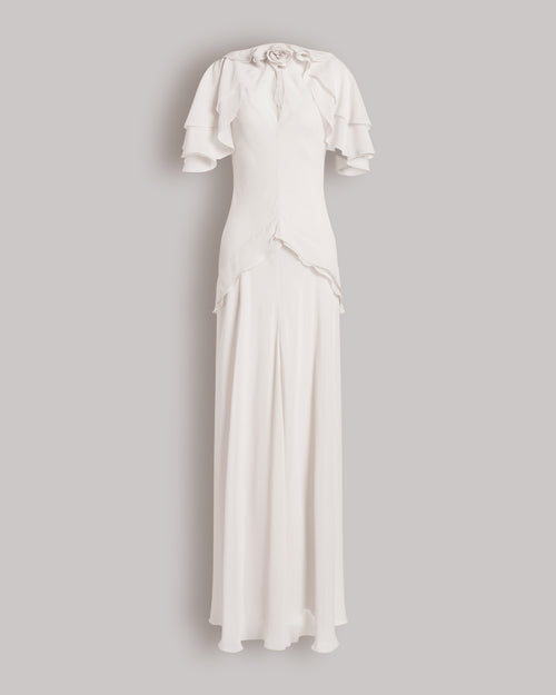 Silk Georgette Long Dress with Fabric Rose and Cape Sleeves 白色 Alberta Ferretti Boutique Online 0
