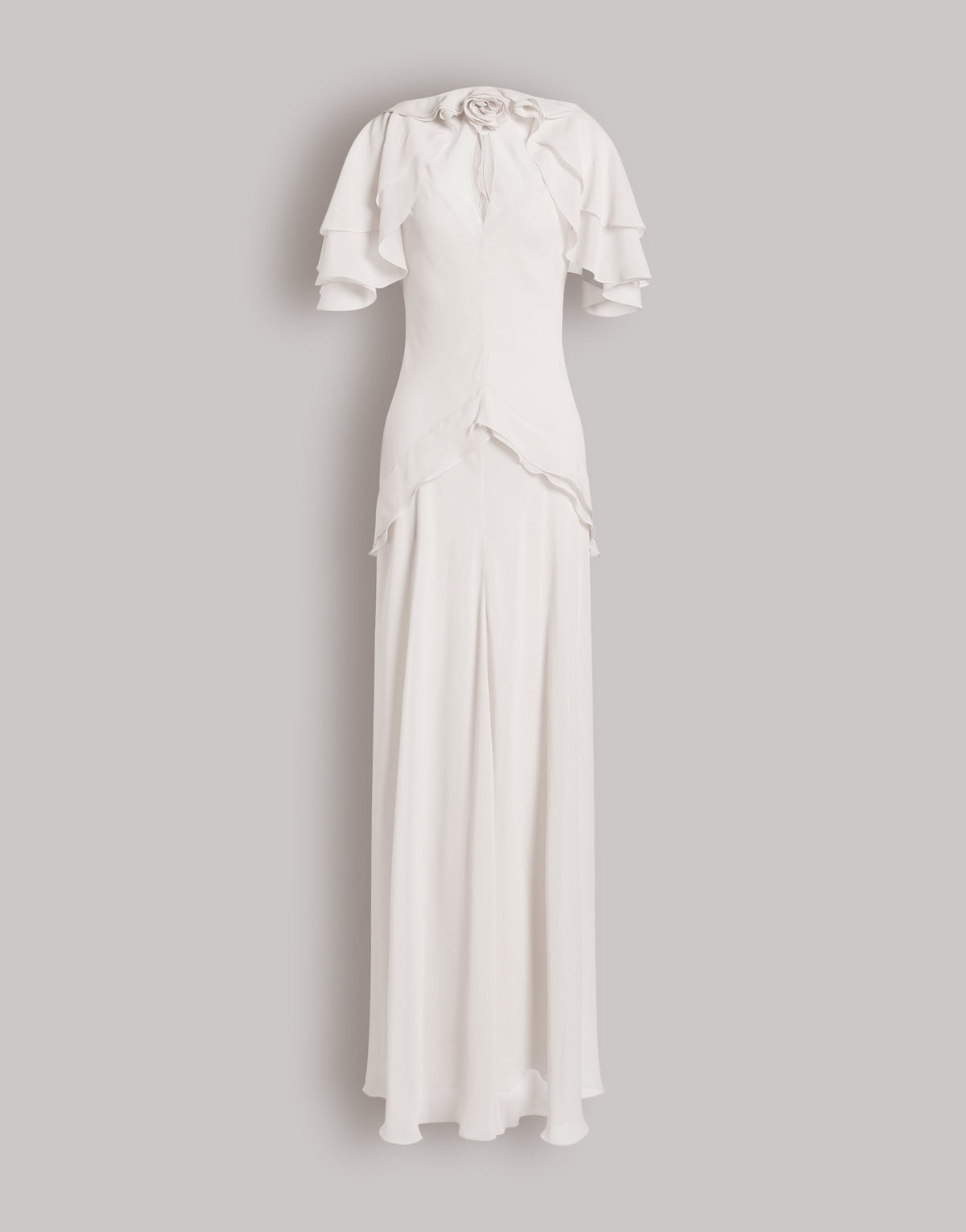 Abito lungo in georgette di seta con rosa e maniche a mantellina Bianco Alberta Ferretti Boutique Online 1
