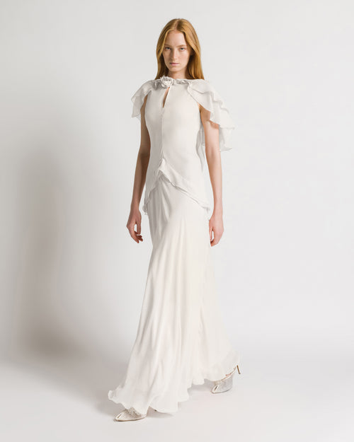 Silk Georgette Long Dress with Fabric Rose and Cape Sleeves 白色 Alberta Ferretti Boutique Online 1