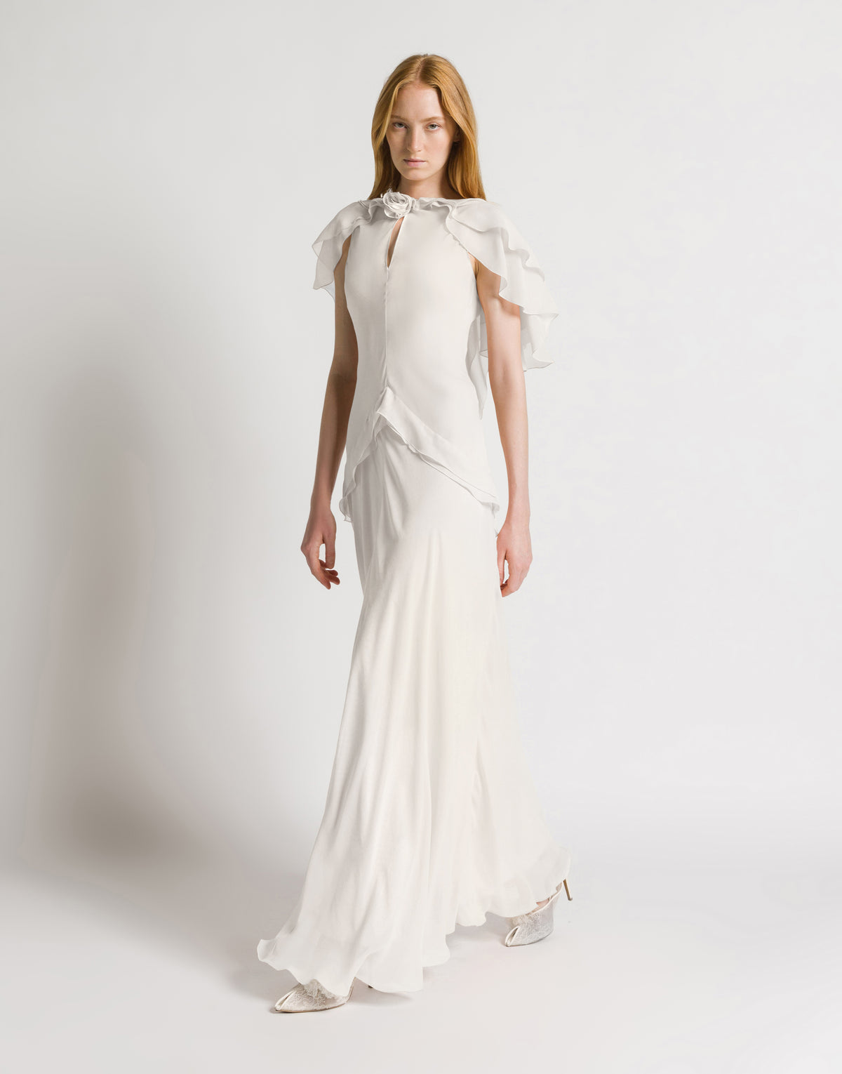 Abito lungo in georgette di seta con rosa e maniche a mantellina Bianco Alberta Ferretti Boutique Online 2