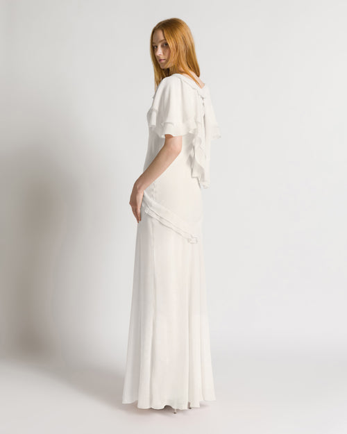 Silk Georgette Long Dress with Fabric Rose and Cape Sleeves