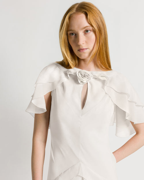Silk Georgette Long Dress with Fabric Rose and Cape Sleeves