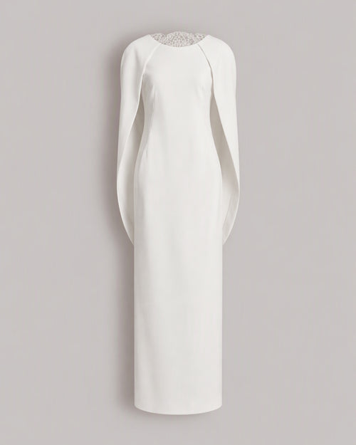 Maxikleid aus Stretch-Cady mit Cape und Spitzen-Detail